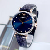 Emporio Armani Gianni T Bar Analog Blue Dial Black Leather Strap Watch For Women - AR1989