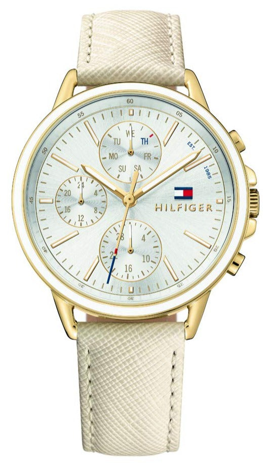 Hilfiger Carly Silver Dial Cream Leather Strap Watch Women