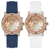 Guess Confetti Crystal Rose Gold Dial White Silicone Strap Watch