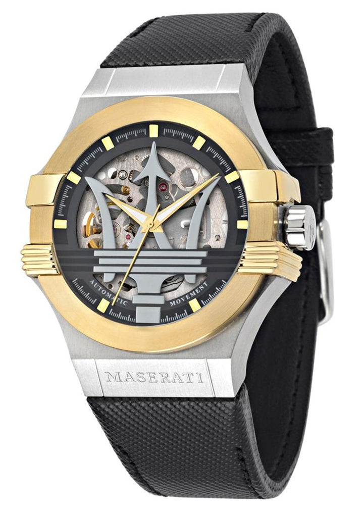Maserati Potenza Automatic Skeleton Dial Black Leather Strap Watch