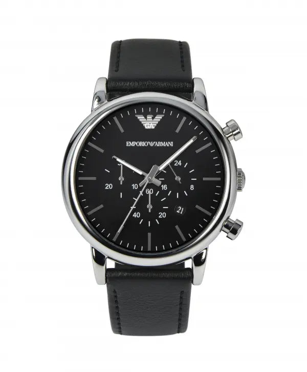 Emporio Armani Classic Chronograph Black Dial Black Leather Strap Watch For Men