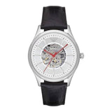 Emporio Armani Meccanico Silver Skeleton Dial Black Leather Watch For Men - AR1997