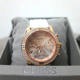 Guess Confetti Crystal Rose Gold Dial White Silicone Strap Watch