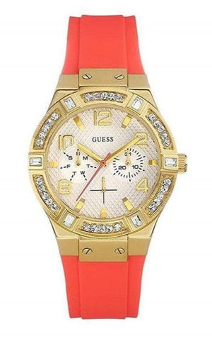 Guess Jet Setter Golden Dial Orange Rubber Watch For Women - W0564L2