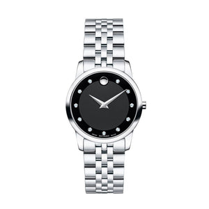Movado Museum Classic Black Dial Silver Steel Strap Watch For Women - 0606858