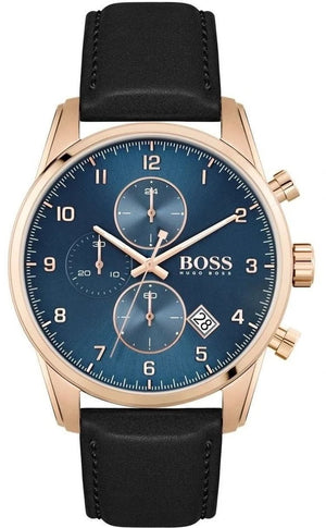 Hugo Boss Skymaster Chronograph Blue Dial Black Leather Strap Watch for Men - 1513783