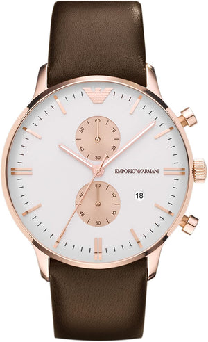 Emporio Armani Gianni Classic Chronograph White Dial Brown Leather Strap Watch For Men - AR0398