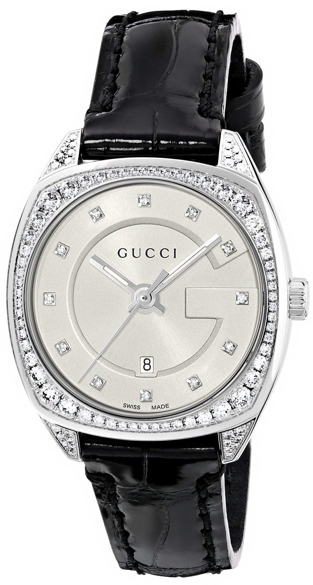 Gucci GG2570 Diamonds Silver Dial Black Leather Strap Watch