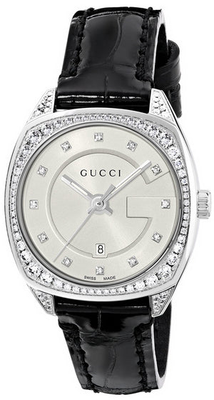 Gucci GG2570 Diamonds Silver Dial Black Leather Strap Watch For Women - YA142507