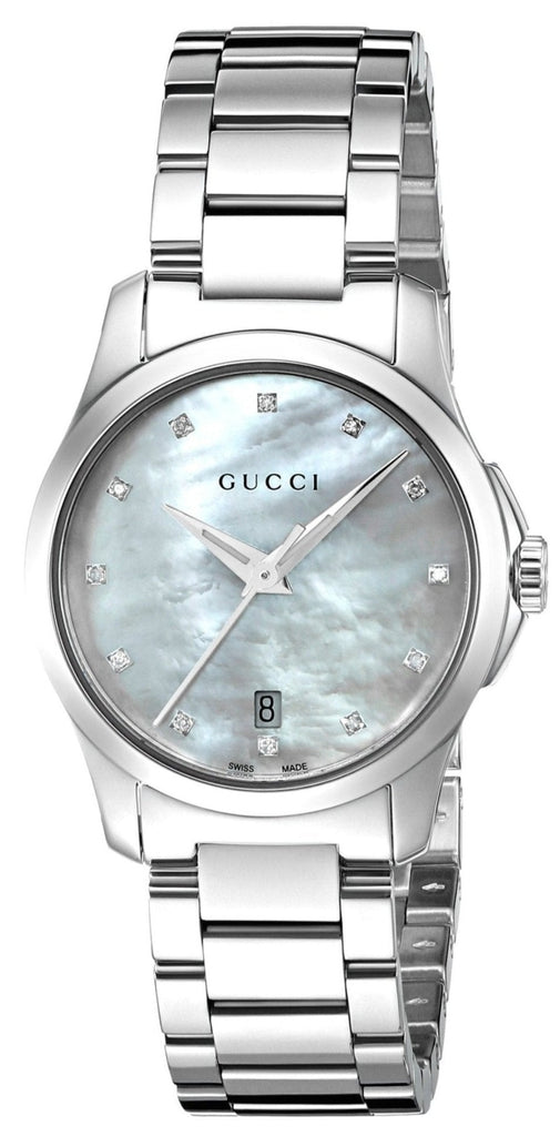 Gucci G Jam Tangan Tali Baja Perak Dial Ibu Mutiara Berlian Abadi