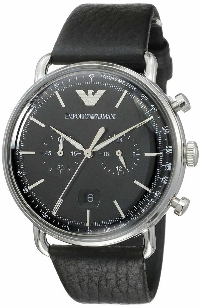 Emporio Armani Aviator Chronograph Black Dial Black Leather Strap Watch For  Men - AR11143