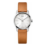 Calvin Klein City Silver Dial Light Brown Leather Strap Watch For Women- K2G23120