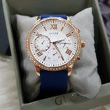 Guess Solar White Rose Gold Dial Blue Rubber Strap Watch For Women - W1135L3