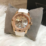 Guess Confetti Crystal Rose Gold Dial White Silicone Strap Watch For Women - W1098L5