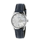 Gucci G-Timeless Signature Mother of Pearl Silver Dial Blue Leather Strap Watch For Women - YA1264049