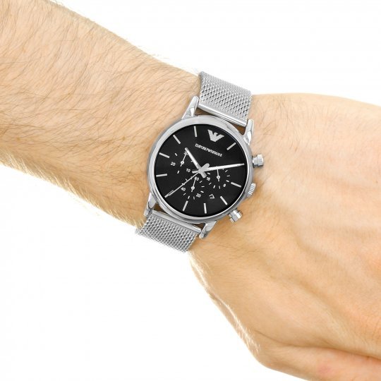 Emporio Armani Luigi Chronograph Black Silver Watch Mesh Bracelet For Men Dial
