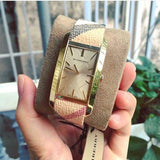 Burberry Pioneer Gold Dial Haymarket Leather Watch for Women - BU9509