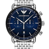 Emporio Armani Aviator Chronograph Blue Dial Silver Steel Strap Watch For Men - AR11238