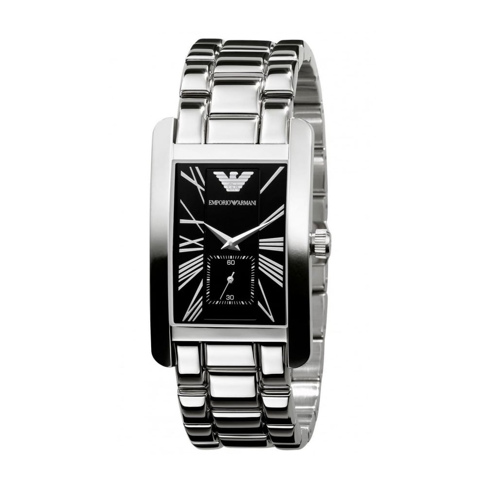Rectangle Armani Watch Mens Black Emporio Armani Classic Black Dial Silver Stainless Steel Strap