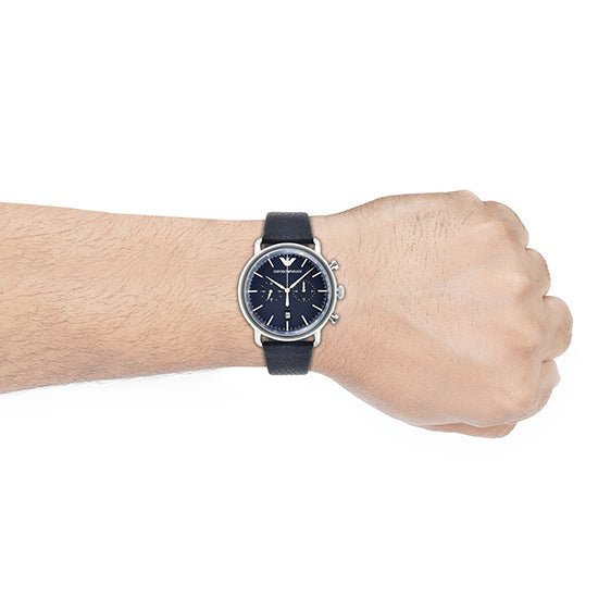Aviator Watch Blue For Strap Men Armani Leather Dial Blue Emporio