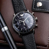 Emporio Armani Aviator Chronograph Black Dial Black Leather Strap Watch For Men - AR11143