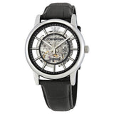 Emporio Armani Luigi Silver Skeleton Dial Black Leather Strap Watch For Men - AR1981