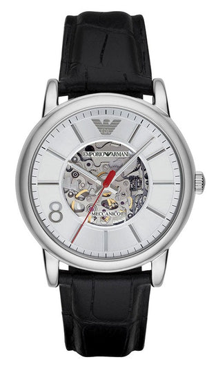 Emporio Armani Meccanico Silver Skeleton Dial Black Leather Watch For Men - AR1997