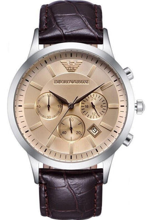 Emporio Armani Classic Chronograph Beige Dial Brown Leather Strap Watch For Men - AR2433