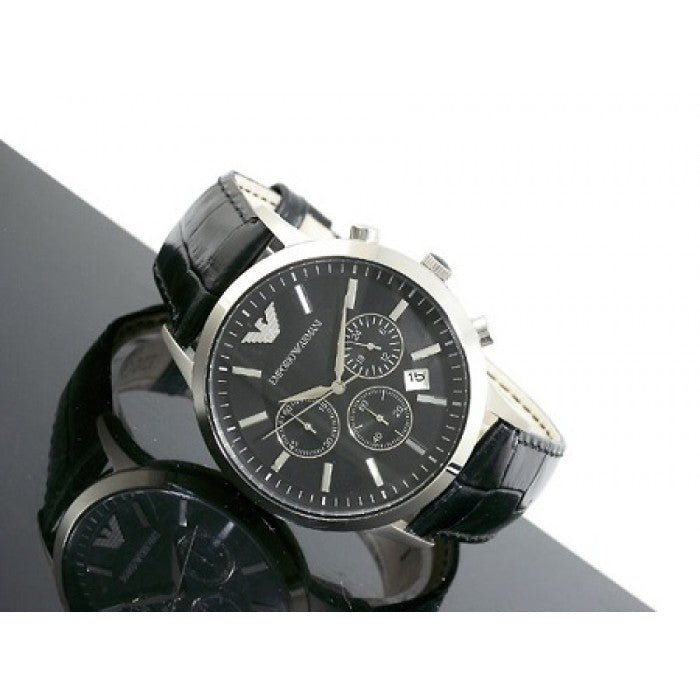 Armani Chronograph Black Emporio Dial Strap Leather Watch For Renato Black Men