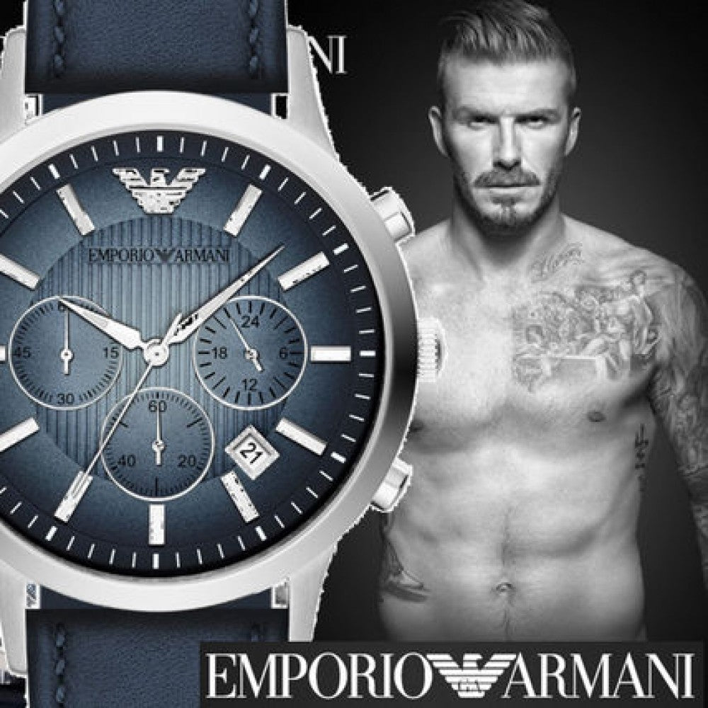 Classic Men Blue Emporio Dial Chronograph Armani Watch For Leather Strap Blue