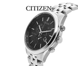 Citizen Eco Drive Chronograph Black Dial Silver Steel Strap Watch For Men - AT2140-55E