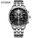 Citizen Eco Drive Chronograph Black Dial Silver Steel Strap Watch For Men - AT2140-55E