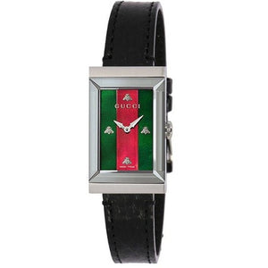 Gucci G-Frame Mother of Pearl Green & Red Dial Black Leather Strap Watch For Women - YA147403