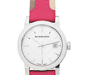 Burberry The City White Dial Haymarket Pink Leather Strap Watch for Women - BU9149
