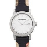 Burberry The City White Dial Black Haymarket Leather Strap Watch for Women - BU9150