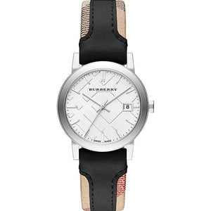 Burberry The City White Dial Black Haymarket Leather Strap Watch for Women - BU9150