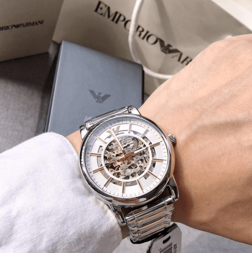 Emporio Armani Meccanico Silver Skeleton Dial Silver Steel Strap Watch For Men