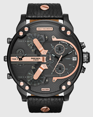 Diesel Mr Daddy 2.0 Chronograph Black Dial Black Leather Strap Watch For Men - DZ7350