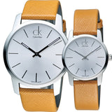 Calvin Klein City Silver Dial Light Brown Leather Strap Watch For Women- K2G23120