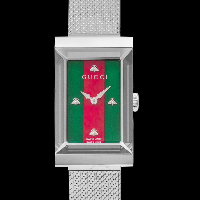 Gucci G Frame Red and Green Dial Silver Mesh Bracelet Watch For Women -  YA147401