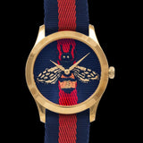 Gucci G Timeless Bee Red & Blue Dial Red Two Tone Nylon Strap Watch For Men - YA1264061