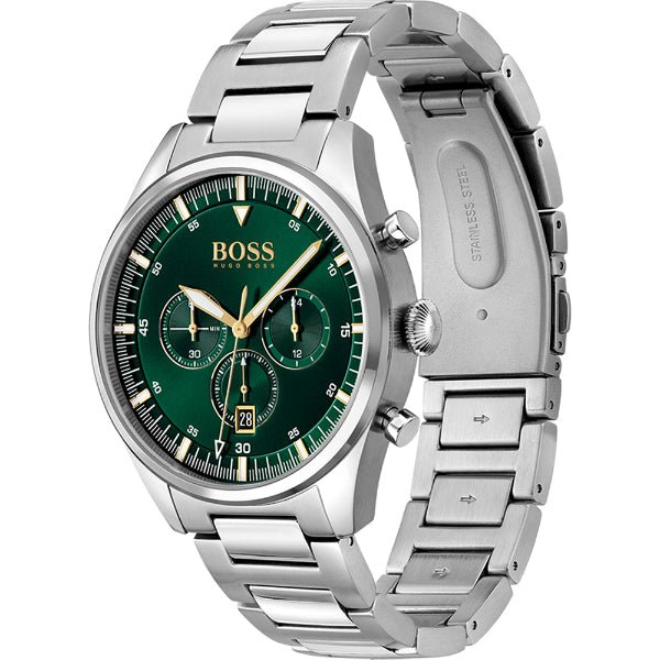 Hugo Boss Pioneer Green Dial Silver Steel Strap Watch for Men - 1513868