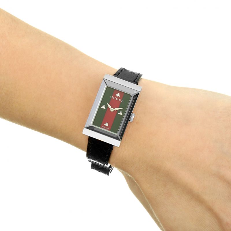 Gucci G-Frame Mother of Pearl Green & Red Dial Black Leather Strap Watch For Women - YA147403
