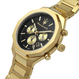 Maserati Stile 45mm Chronograph Black Dial Gold Stainless Steel Strap Watch For Men - R8873642001