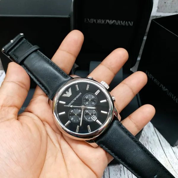 Emporio Armani Classic Chronograph Black Dial Black Leather Strap