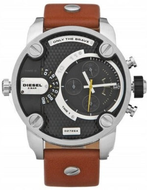 Diesel SBA Dual Time Black Dial Brown Leather Strap Watch For Men - DZ7264