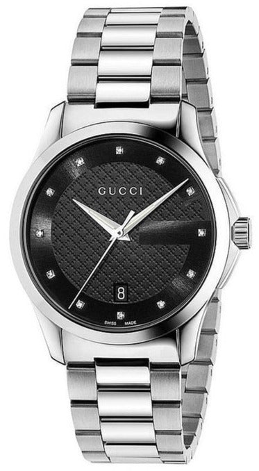 Gucci G Timeless Diamonds Black Dial Silver Steel Strap