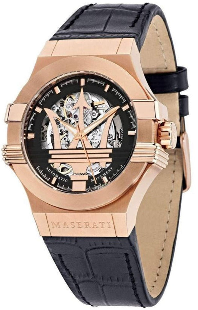 Maserati Potenza Jam Tangan Tali Kulit Hitam Dial Rose Gold