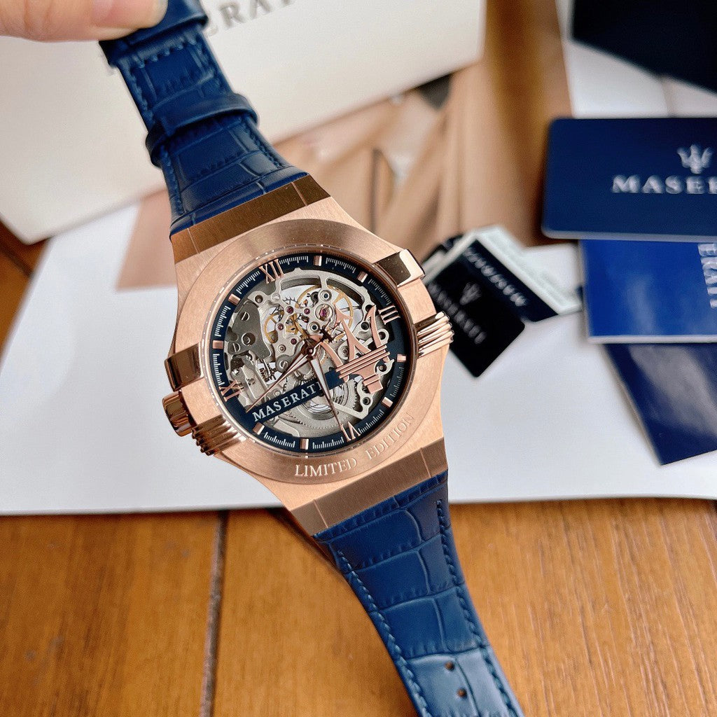 Maserati Automatic Skeleton Dial Rose Gold Blue Leather Strap Watch For Men