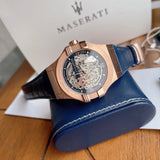 Maserati Automatic Skeleton Dial Rose Gold Blue Leather Strap Watch For Men - R8821108022